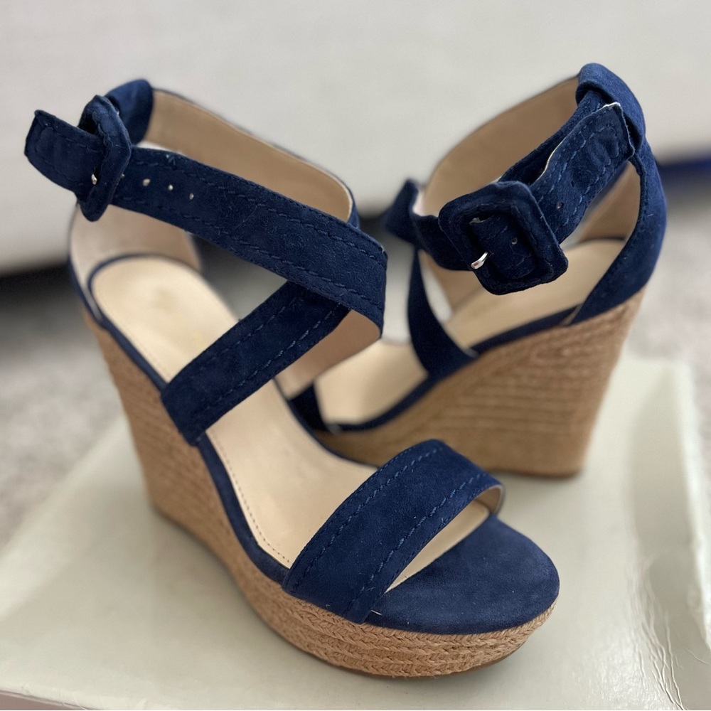 Marc Fisher Dark Blue Suede Haely Platform Wedge